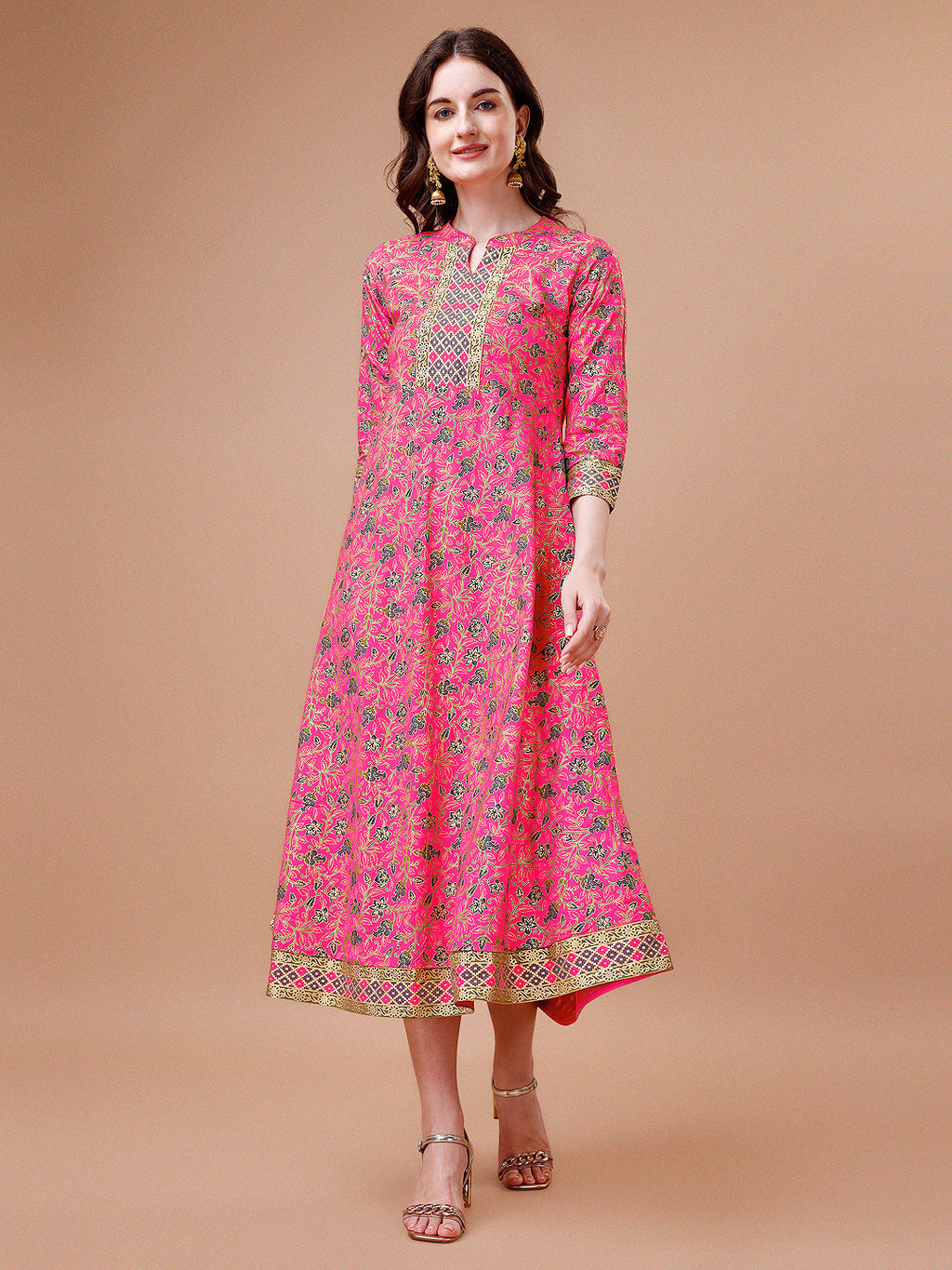 Printed Full Neck Pink Rayon Ethnic Dress, Multicolor - Hiral Fashion | Grocsy
