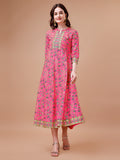Printed Full Neck Pink Rayon Ethnic Dress, Multicolor - Hiral Fashion | Grocsy