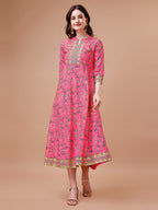 Printed Full Neck Pink Rayon Ethnic Dress, Multicolor - Hiral Fashion | Grocsy