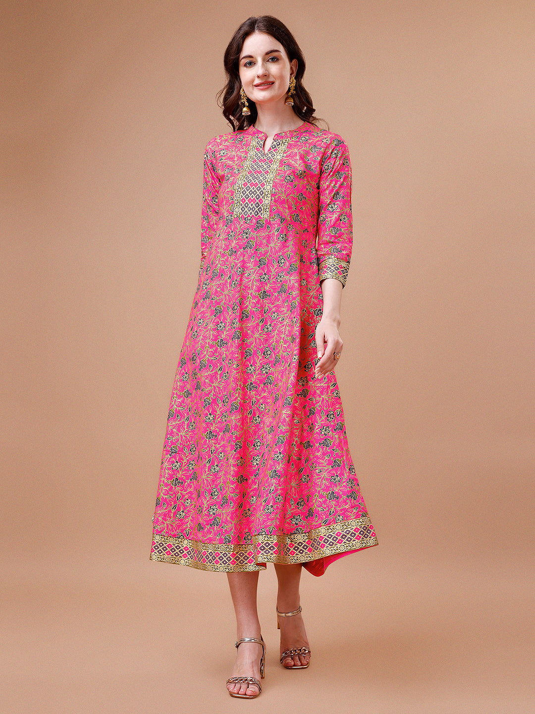 Printed Full Neck Pink Rayon Ethnic Dress, Multicolor - Hiral Fashion | Grocsy