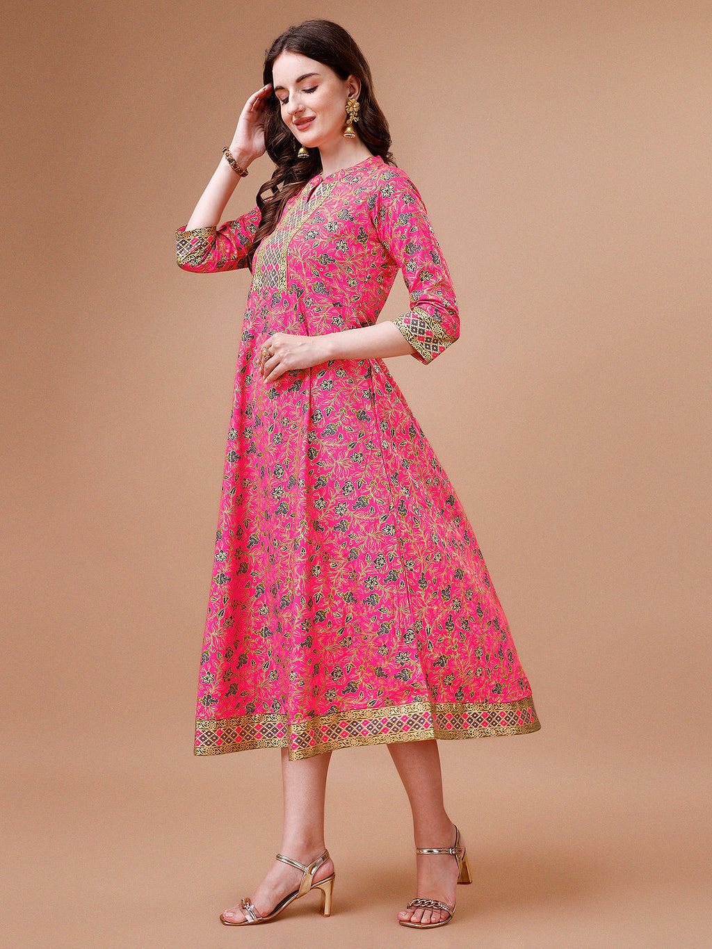 Printed Full Neck Pink Rayon Ethnic Dress, Multicolor - Hiral Fashion | Grocsy