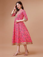 Printed Full Neck Pink Rayon Ethnic Dress, Multicolor - Hiral Fashion | Grocsy