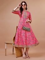 Printed Full Neck Pink Rayon Ethnic Dress, Multicolor - Hiral Fashion | Grocsy