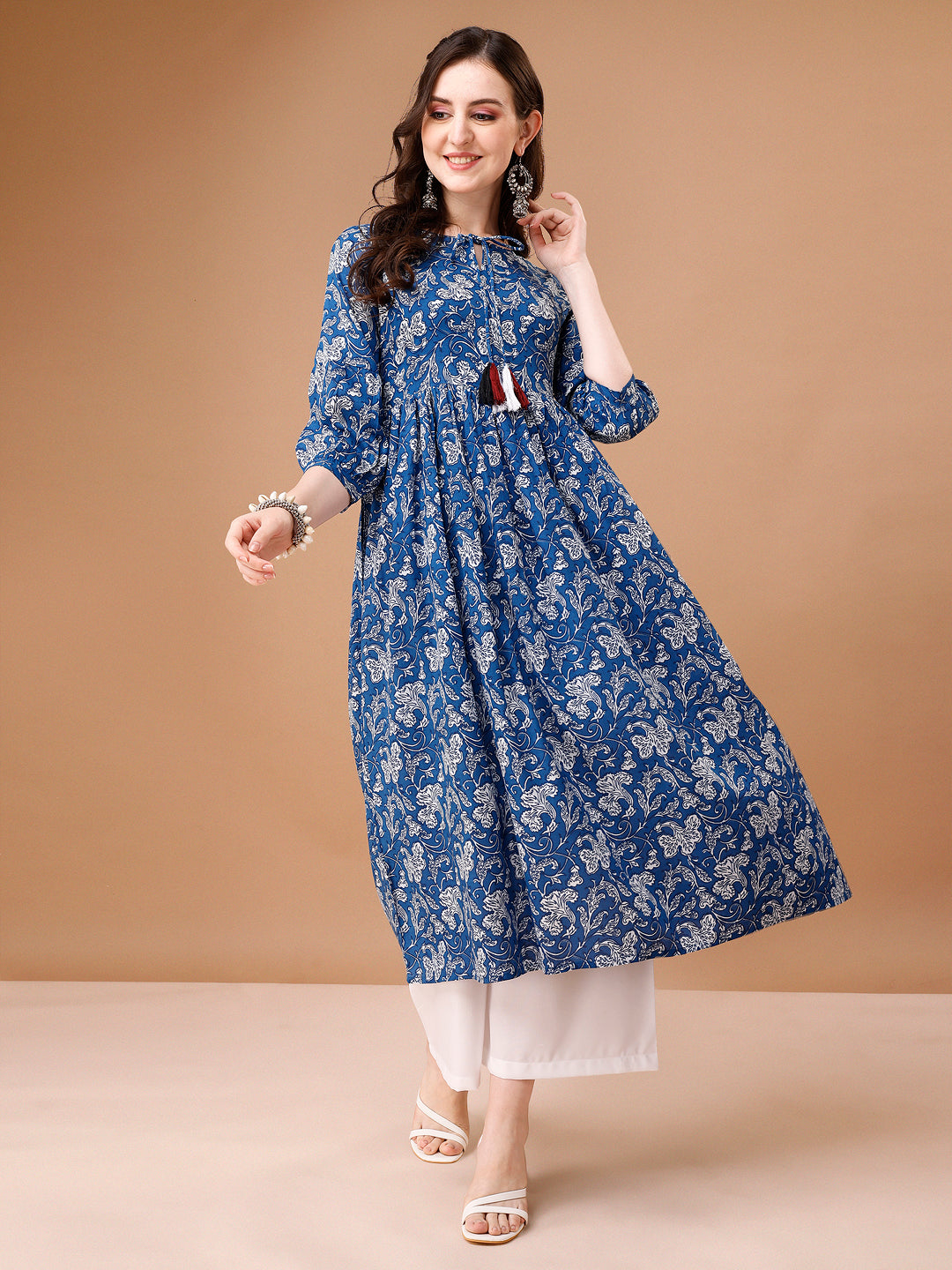 Floral Printed Flared Tie Up Neck Kurta, Multicolor - Hiral Fashion | Grocsy