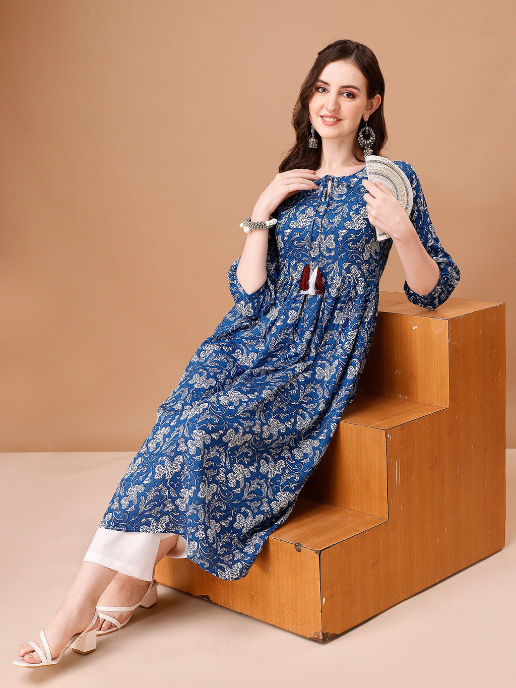 Floral Printed Flared Tie Up Neck Kurta, Multicolor - Hiral Fashion | Grocsy