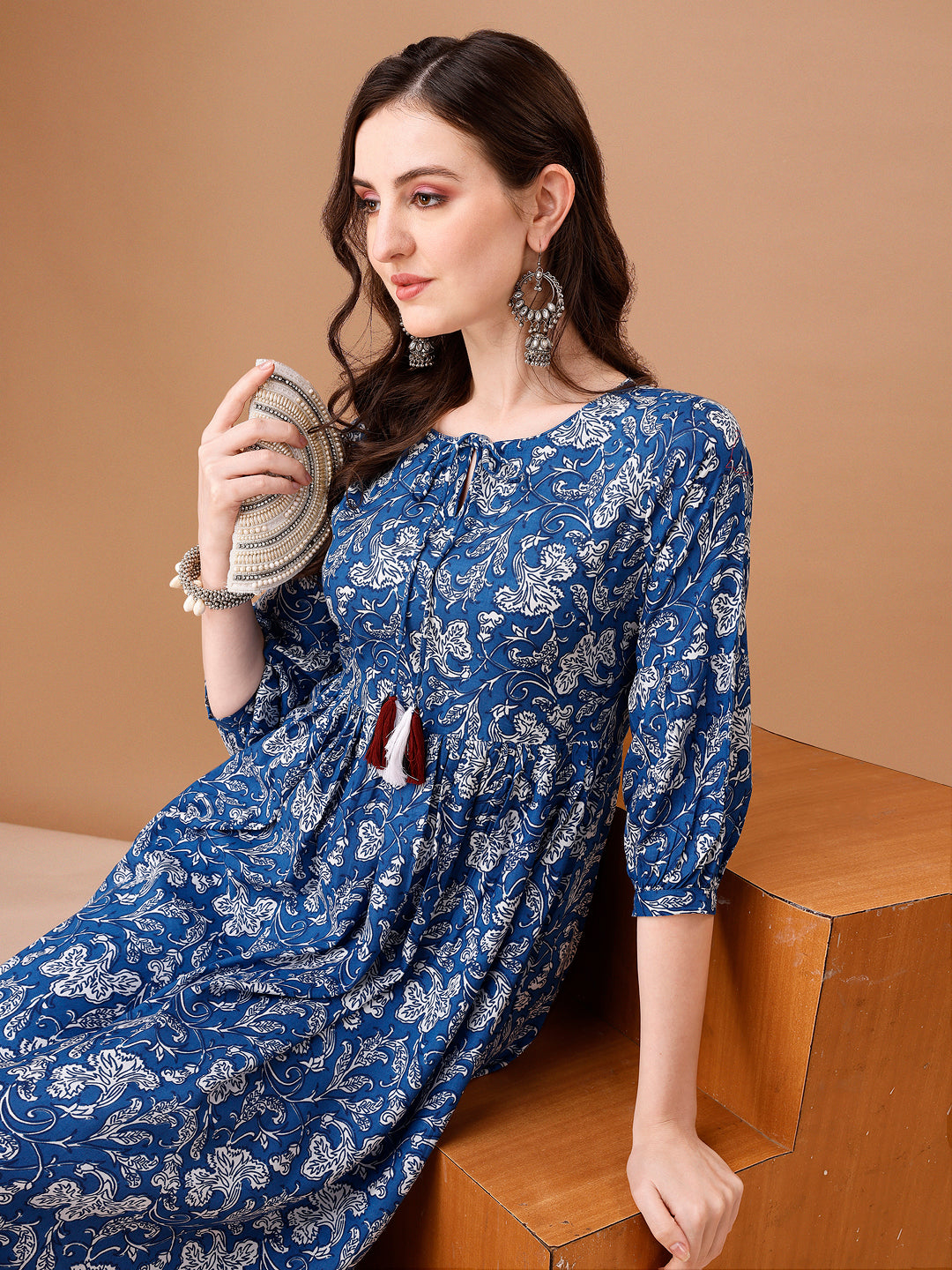 Floral Printed Flared Tie Up Neck Kurta, Multicolor - Hiral Fashion | Grocsy