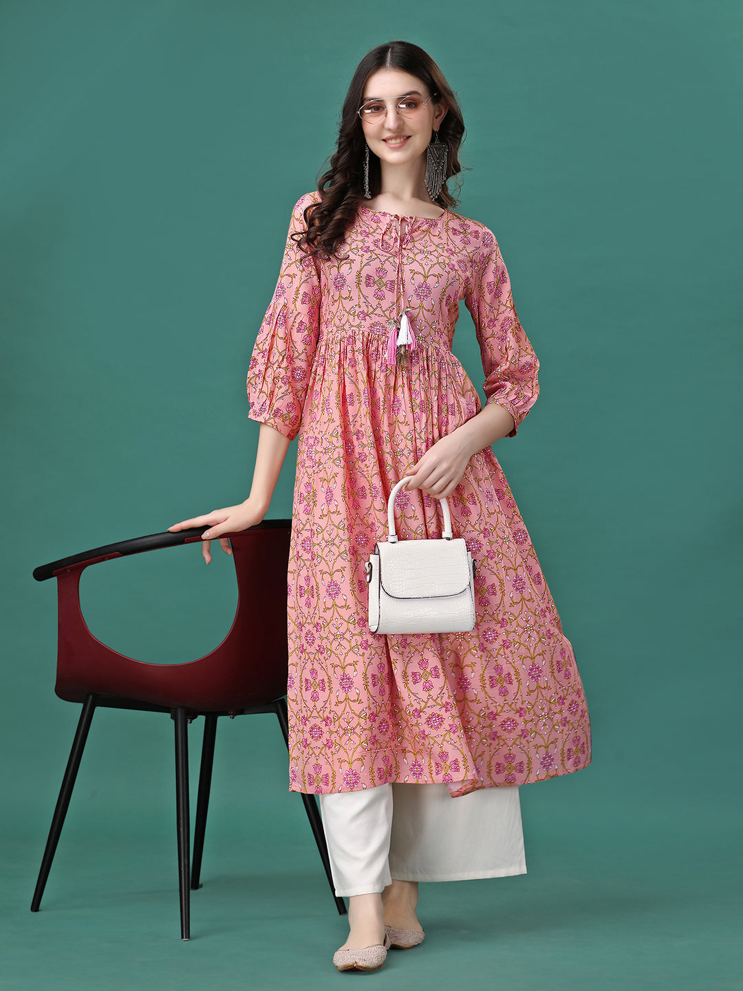 Floral Printed Flared Tie Up Neck Kurta, Multicolor - Hiral Fashion | Grocsy