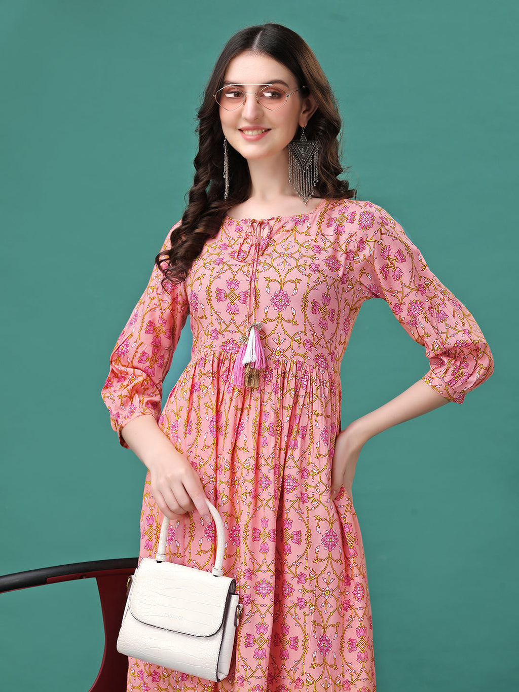 Floral Printed Flared Tie Up Neck Kurta, Multicolor - Hiral Fashion | Grocsy