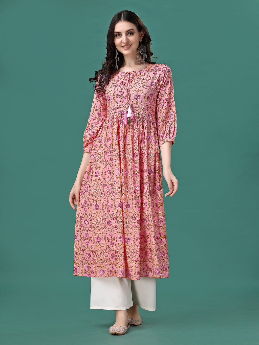 Floral Printed Flared Tie Up Neck Kurta, Multicolor - Hiral Fashion | Grocsy