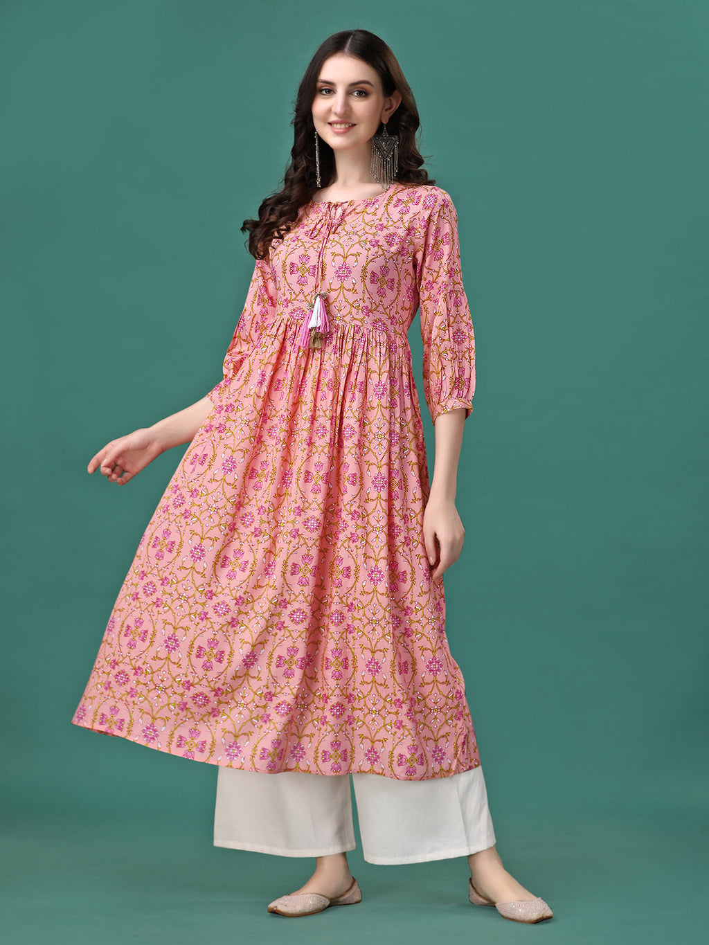 Floral Printed Flared Tie Up Neck Kurta, Multicolor - Hiral Fashion | Grocsy