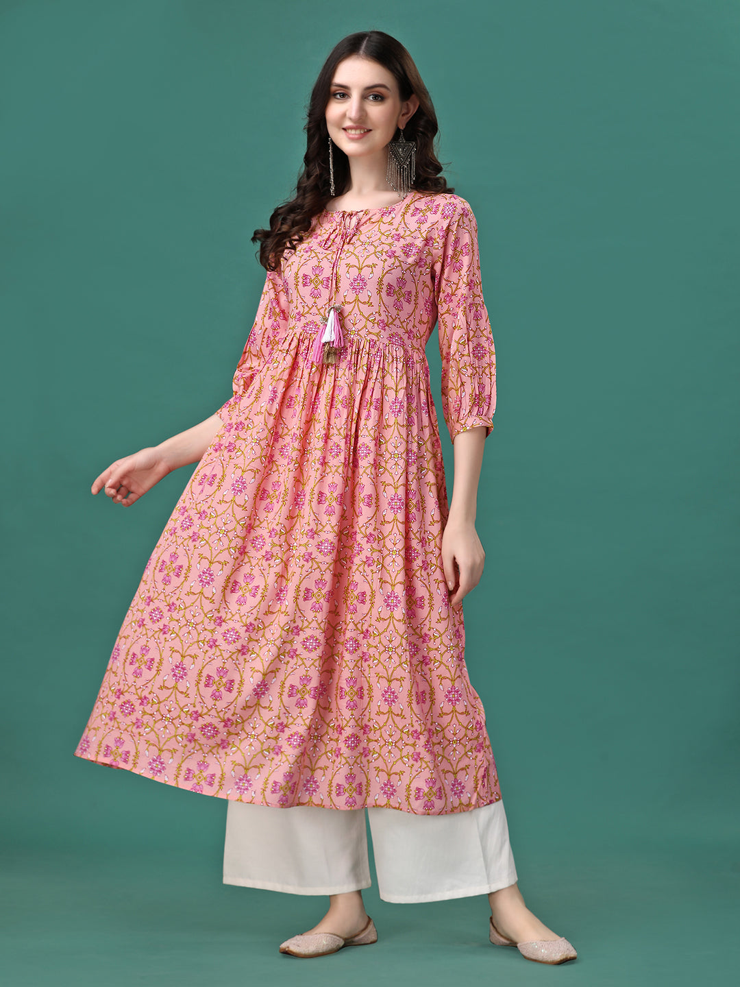 Floral Printed Flared Tie Up Neck Kurta, Multicolor - Hiral Fashion | Grocsy