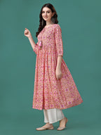 Floral Printed Flared Tie Up Neck Kurta, Multicolor - Hiral Fashion | Grocsy