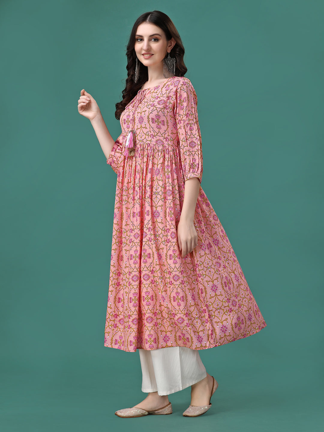 Floral Printed Flared Tie Up Neck Kurta, Multicolor - Hiral Fashion | Grocsy