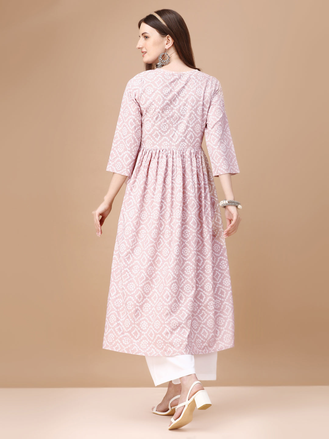 Bandhani Printed Flared Tie Up Neck Kurta, Multicolor - Hiral Fashion | Grocsy