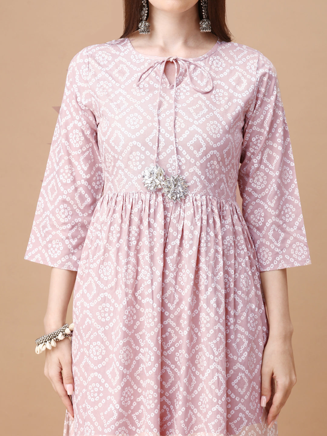 Bandhani Printed Flared Tie Up Neck Kurta, Multicolor - Hiral Fashion | Grocsy