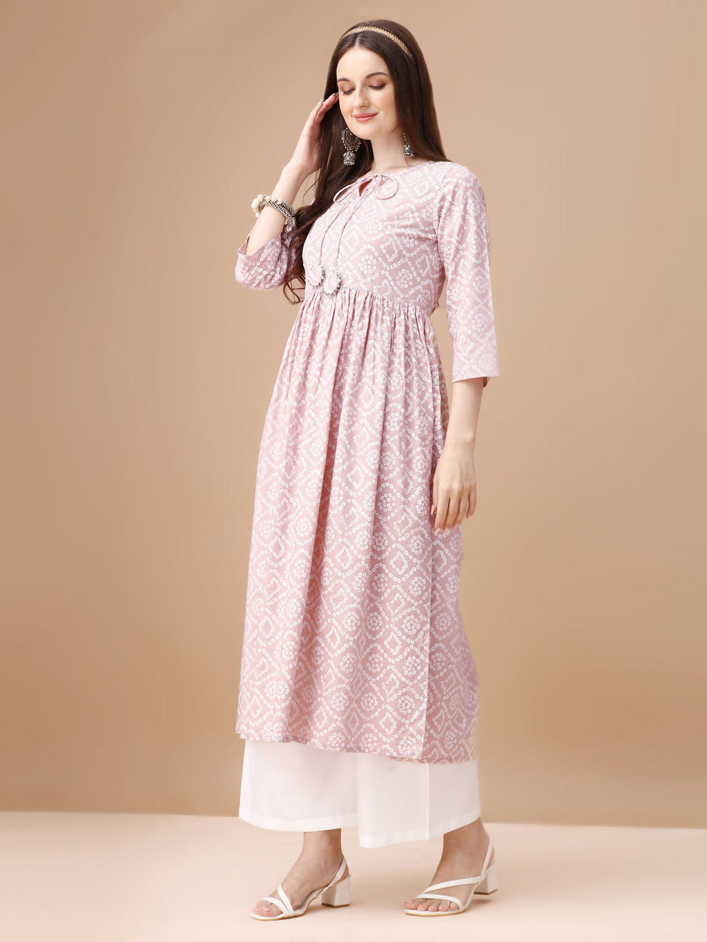Bandhani Printed Flared Tie Up Neck Kurta, Multicolor - Hiral Fashion | Grocsy