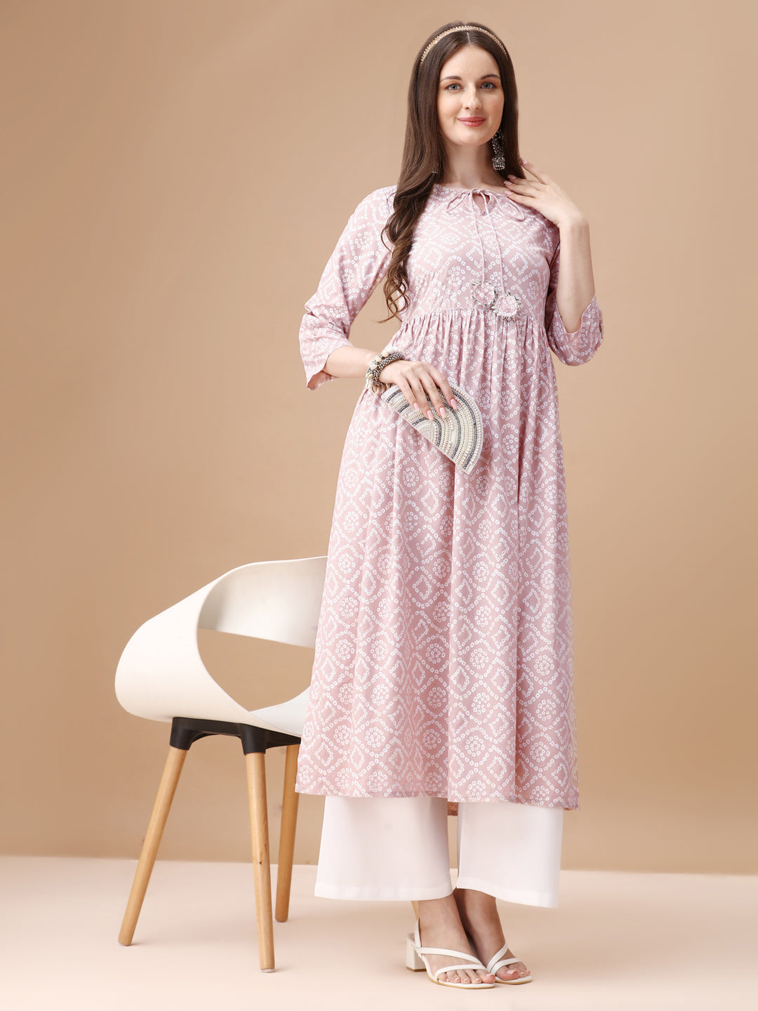Bandhani Printed Flared Tie Up Neck Kurta, Multicolor - Hiral Fashion | Grocsy