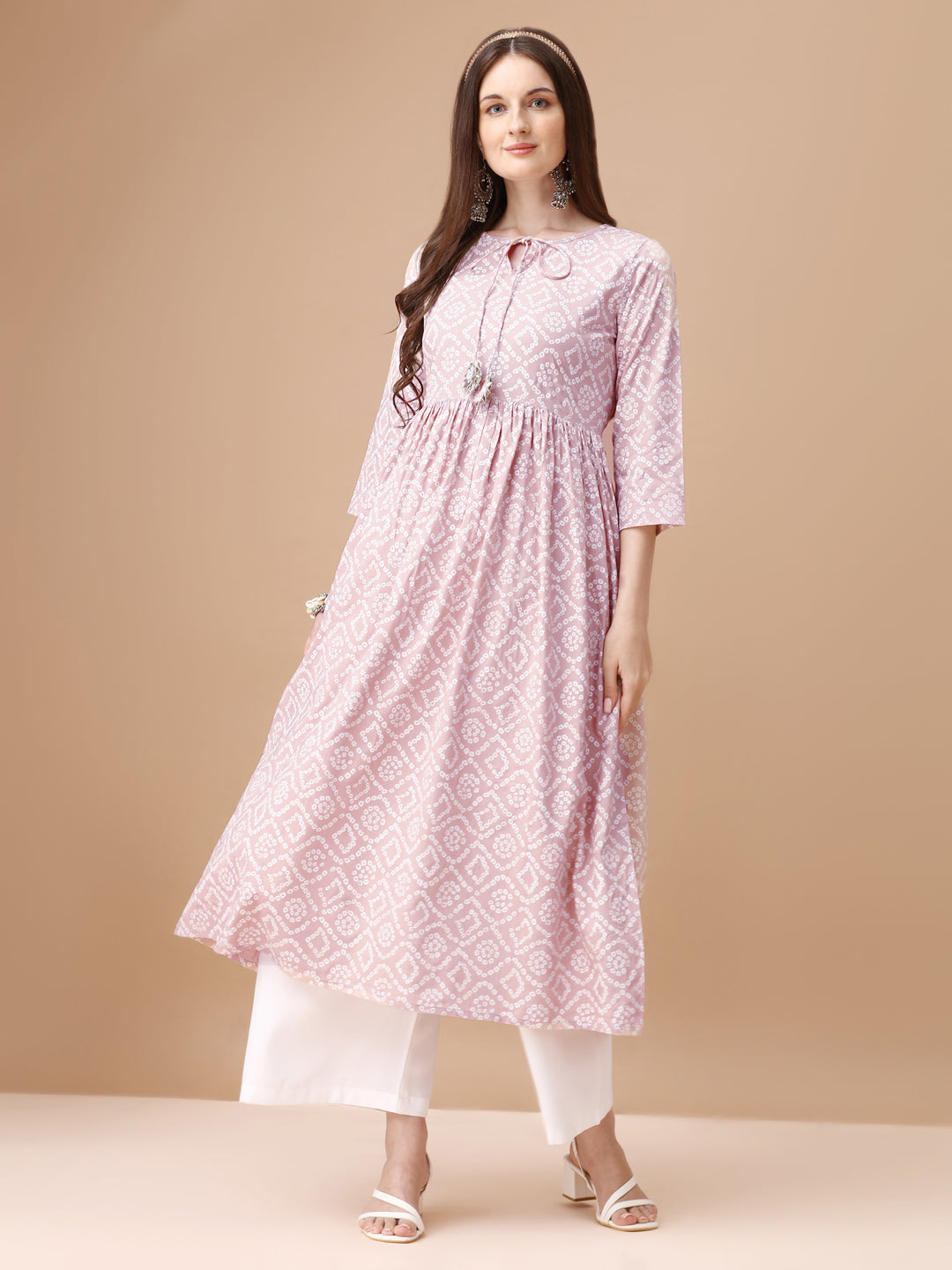 Bandhani Printed Flared Tie Up Neck Kurta, Multicolor - Hiral Fashion | Grocsy