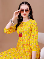 Floral Printed Flared Tie Up Neck Kurta, Multicolor - Hiral Fashion | Grocsy