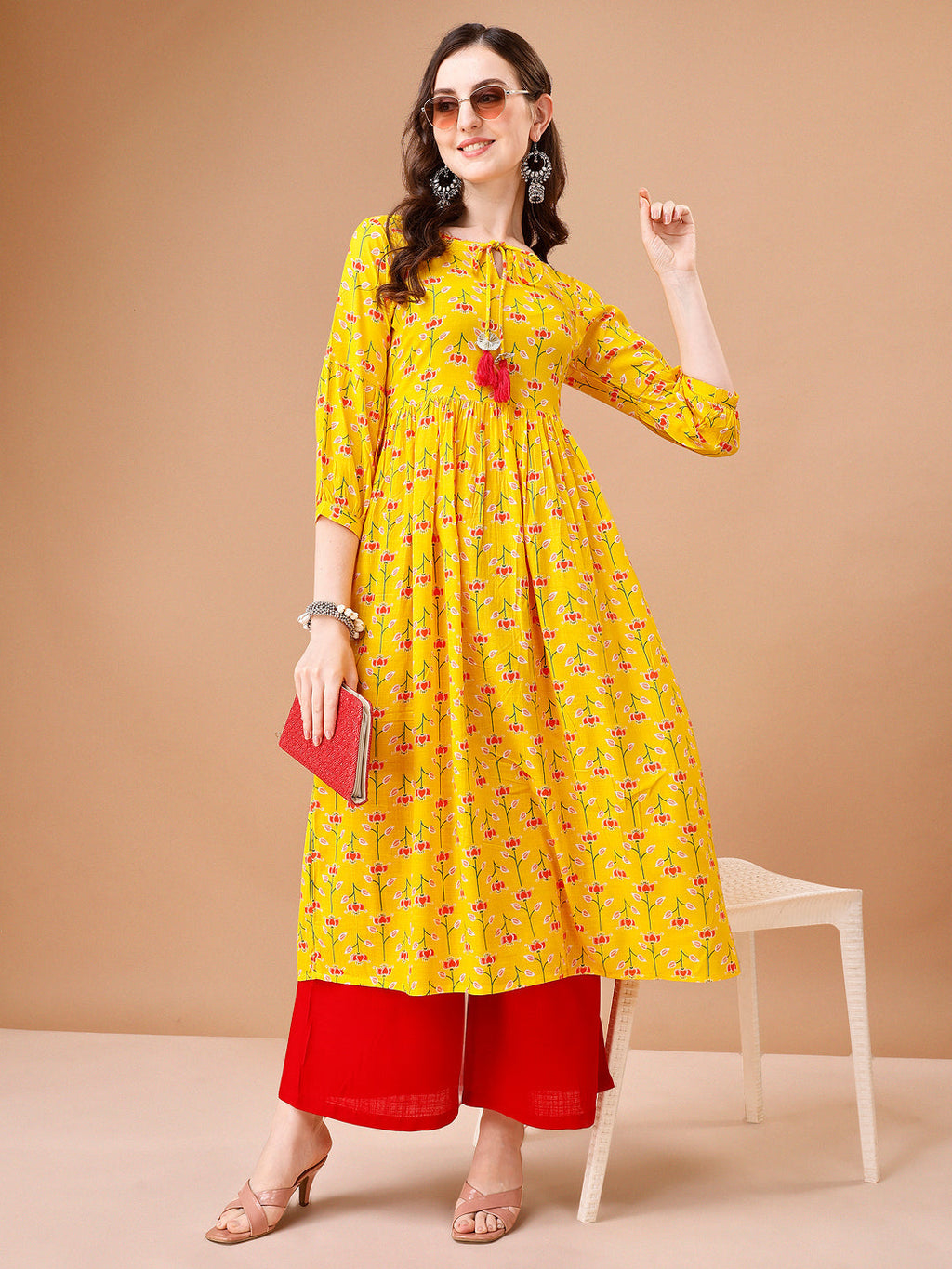 Floral Printed Flared Tie Up Neck Kurta, Multicolor - Hiral Fashion | Grocsy