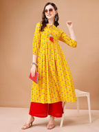Floral Printed Flared Tie Up Neck Kurta, Multicolor - Hiral Fashion | Grocsy