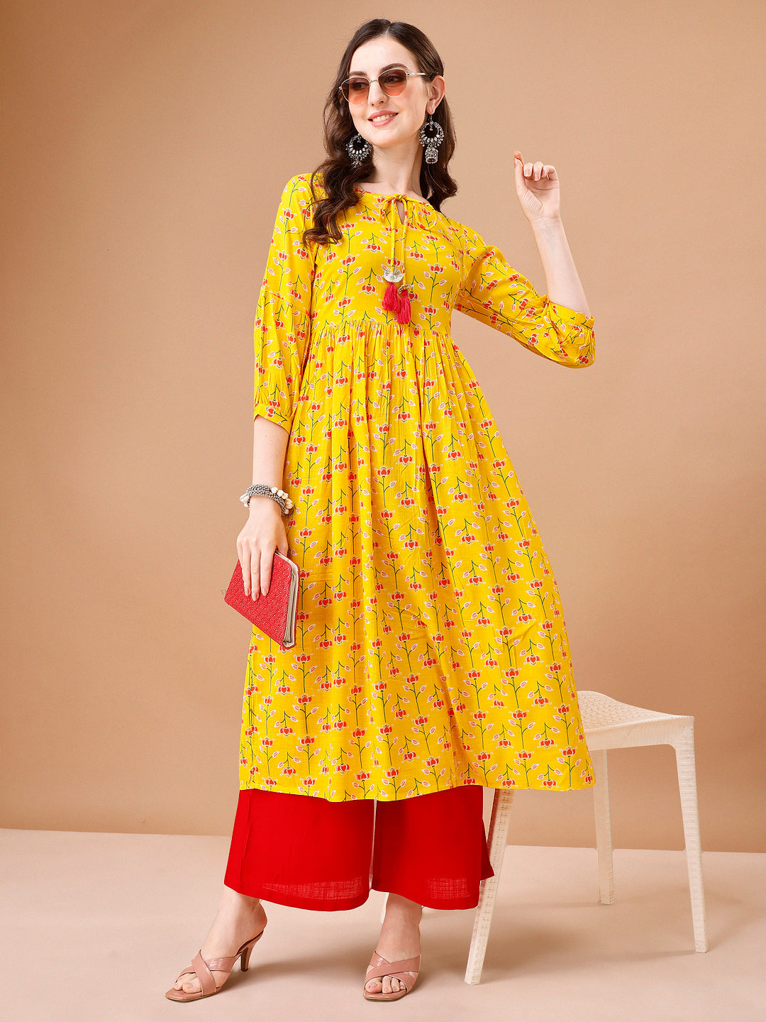 Floral Printed Flared Tie Up Neck Kurta, Multicolor - Hiral Fashion | Grocsy