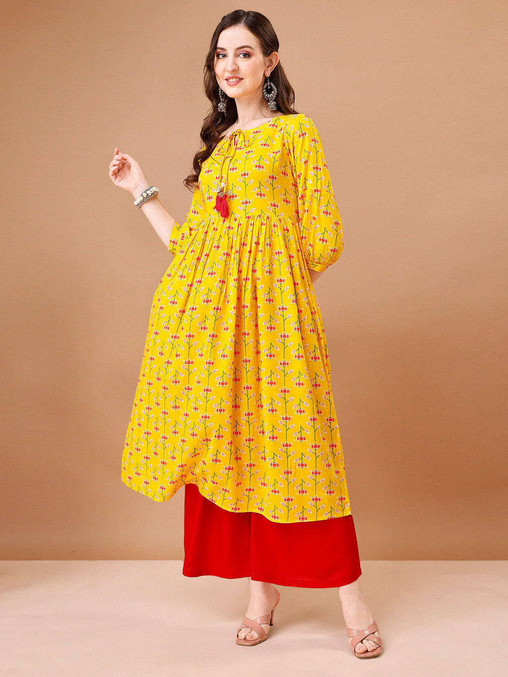 Floral Printed Flared Tie Up Neck Kurta, Multicolor - Hiral Fashion | Grocsy