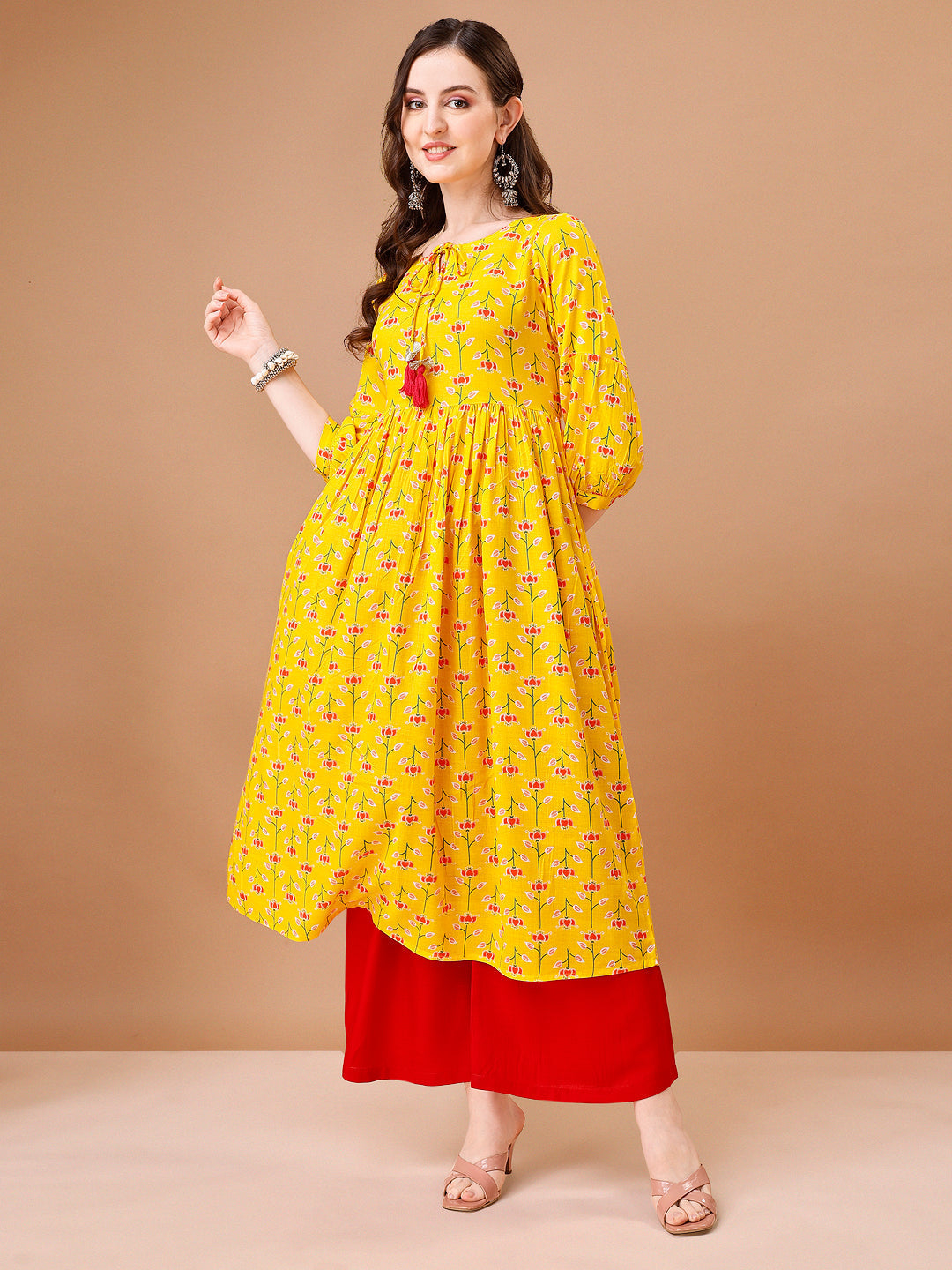 Floral Printed Flared Tie Up Neck Kurta, Multicolor - Hiral Fashion | Grocsy