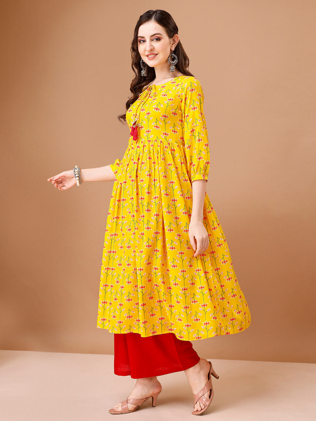 Floral Printed Flared Tie Up Neck Kurta, Multicolor - Hiral Fashion | Grocsy