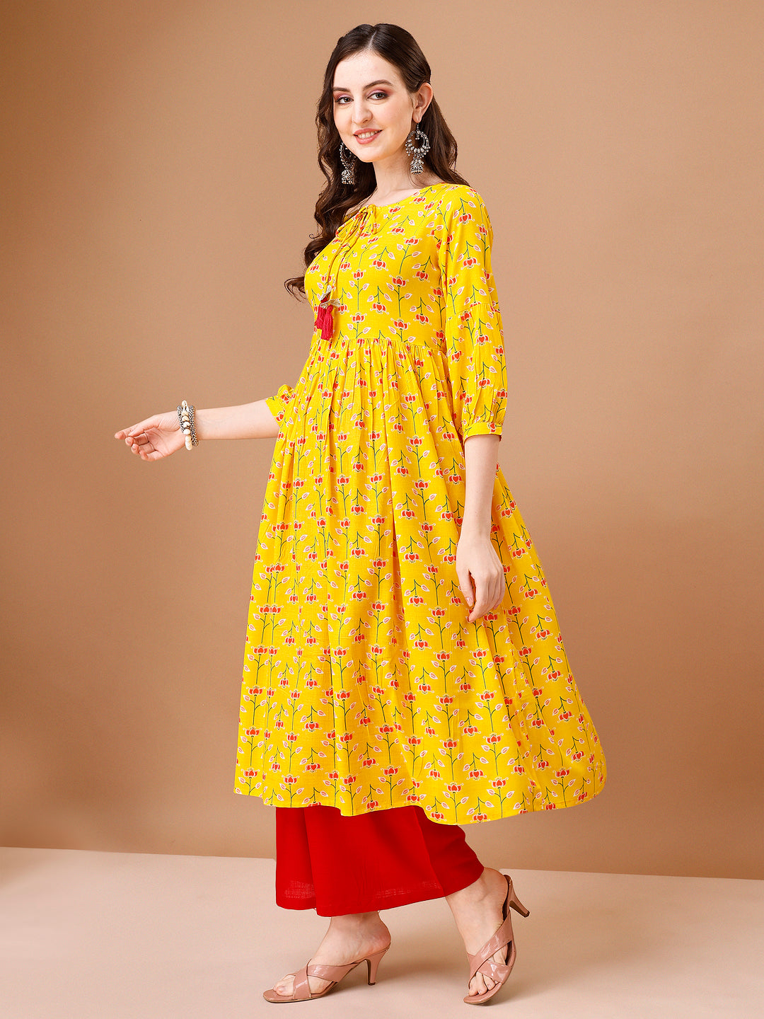 Floral Printed Flared Tie Up Neck Kurta, Multicolor - Hiral Fashion | Grocsy