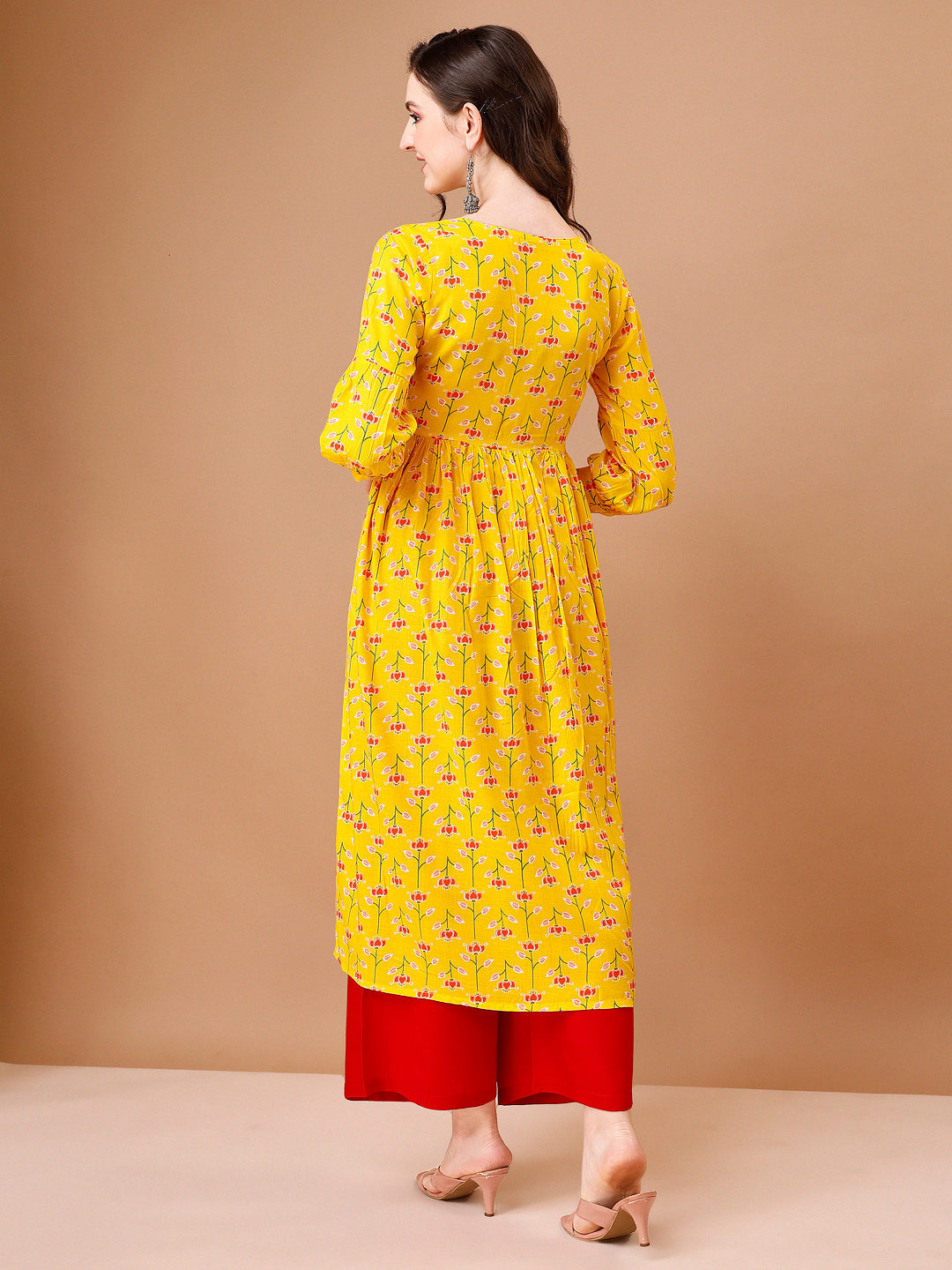 Floral Printed Flared Tie Up Neck Kurta, Multicolor - Hiral Fashion | Grocsy