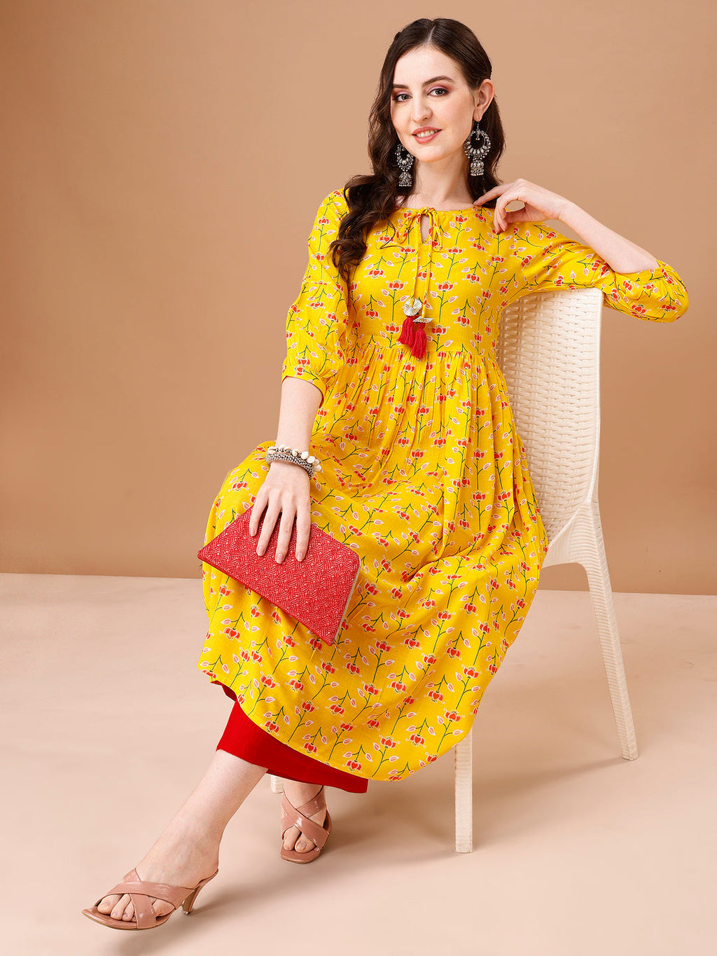 Floral Printed Flared Tie Up Neck Kurta, Multicolor - Hiral Fashion | Grocsy