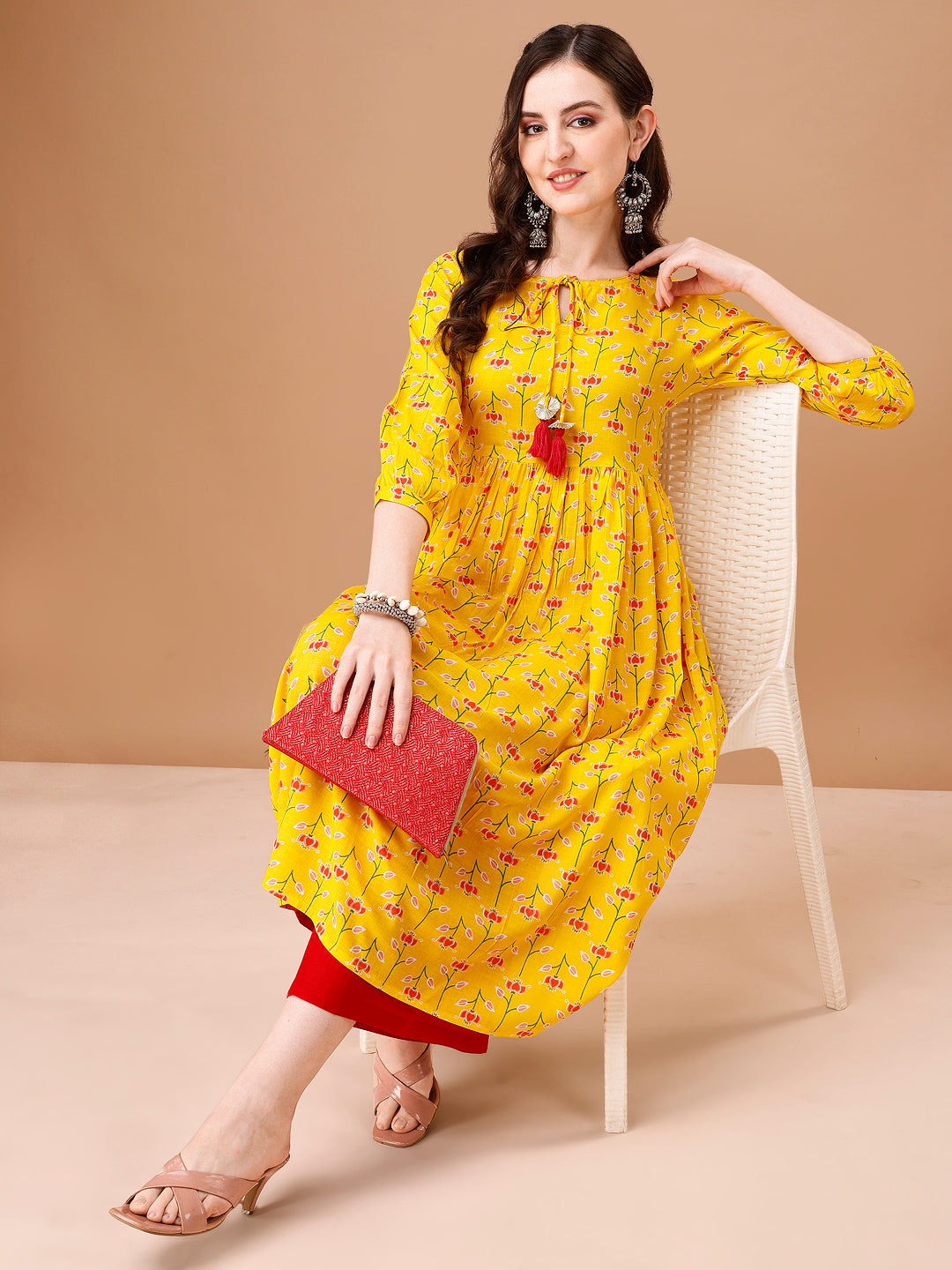 Floral Printed Flared Tie Up Neck Kurta, Multicolor - Hiral Fashion | Grocsy