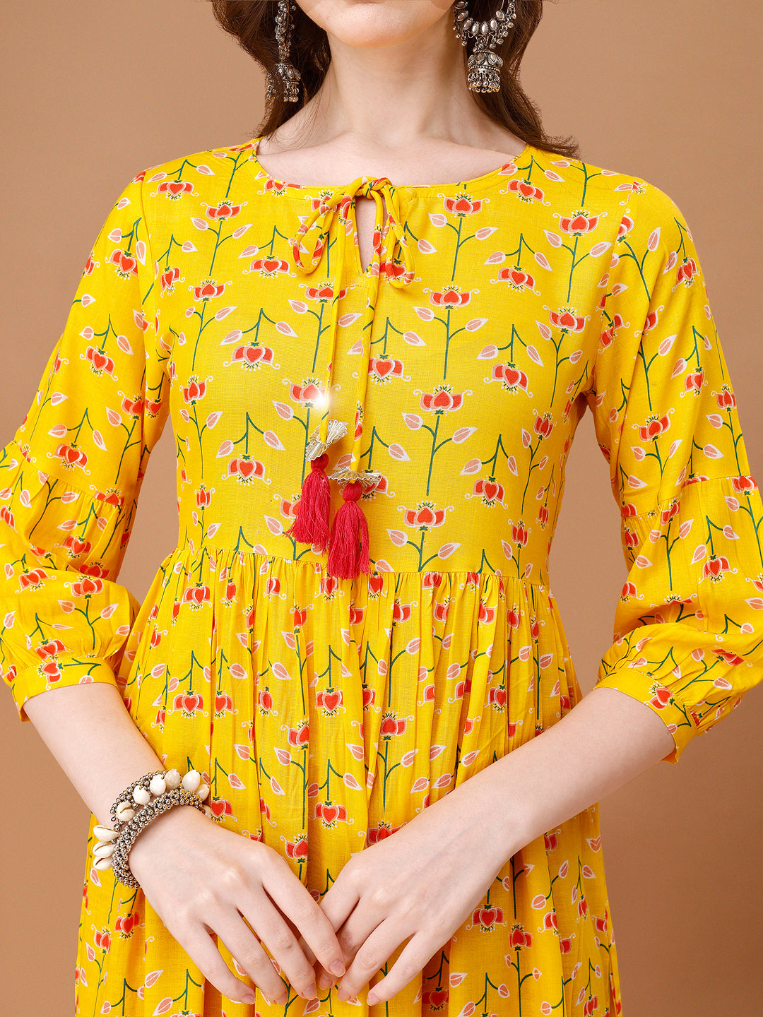 Floral Printed Flared Tie Up Neck Kurta, Multicolor - Hiral Fashion | Grocsy