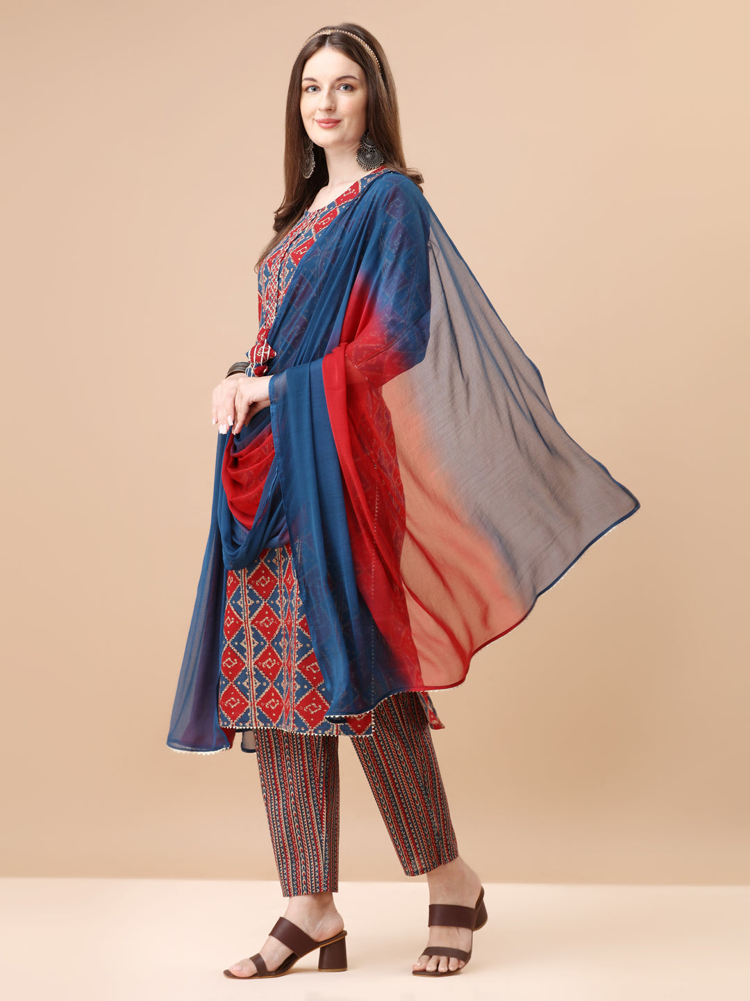 Printed & Little Mirror Embellished Kurta With Pant & Dupatta, Multicolor - Hiral Fashion | Grocsy