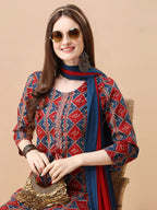 Printed & Little Mirror Embellished Kurta With Pant & Dupatta, Multicolor - Hiral Fashion | Grocsy