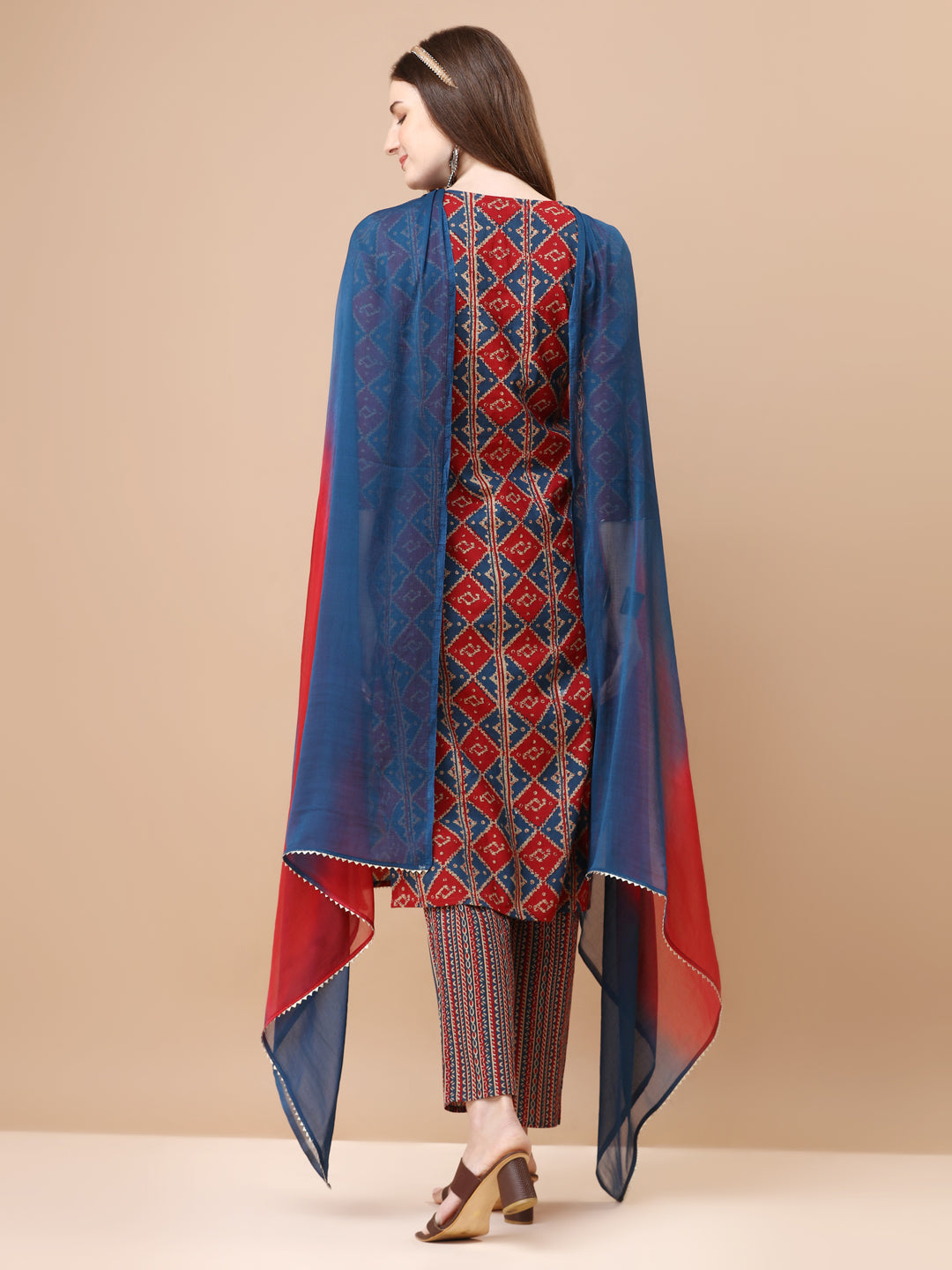 Printed & Little Mirror Embellished Kurta With Pant & Dupatta, Multicolor - Hiral Fashion | Grocsy