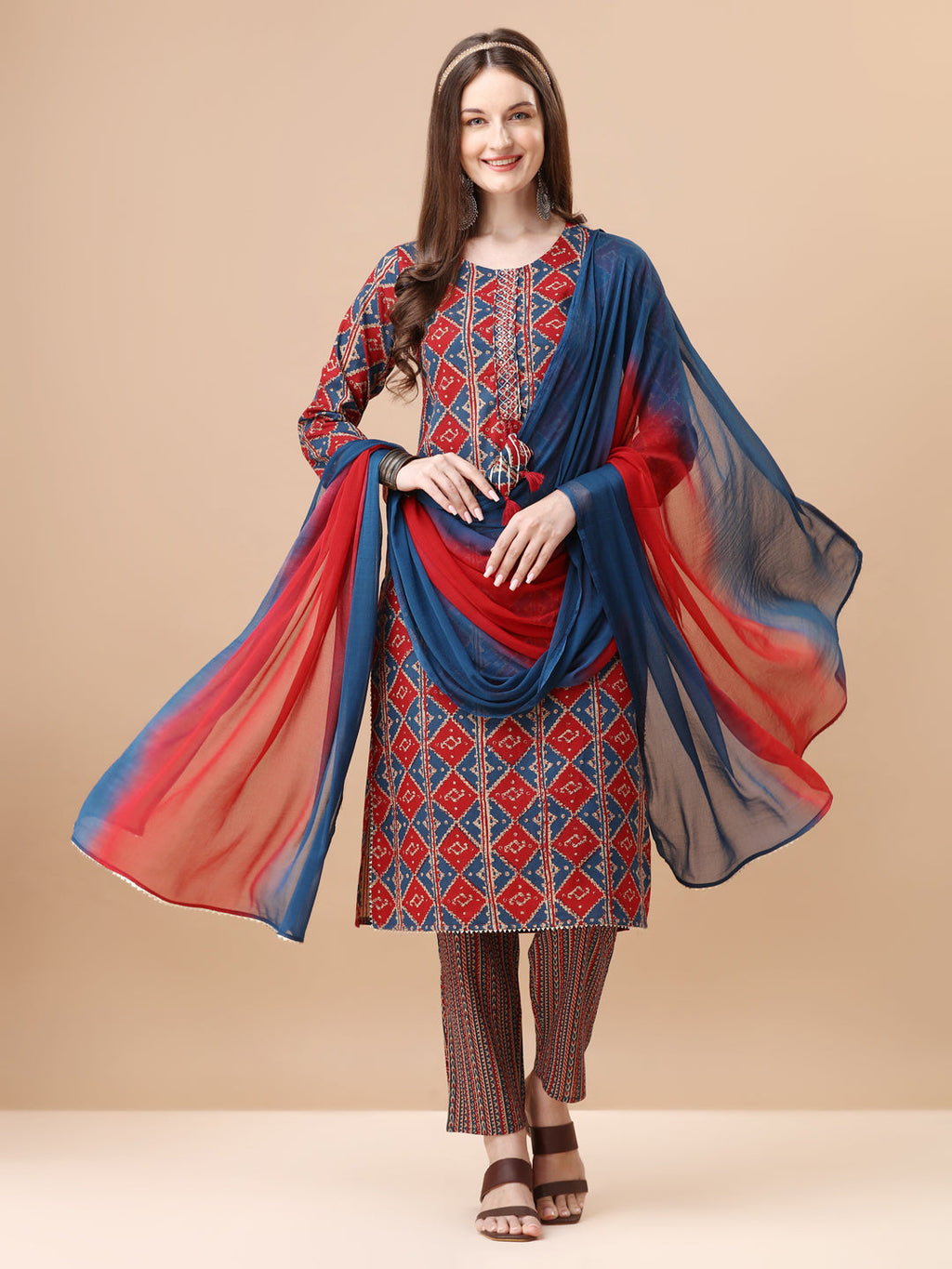 Printed & Little Mirror Embellished Kurta With Pant & Dupatta, Multicolor - Hiral Fashion | Grocsy