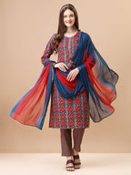 Printed & Little Mirror Embellished Kurta With Pant & Dupatta, Multicolor - Hiral Fashion | Grocsy