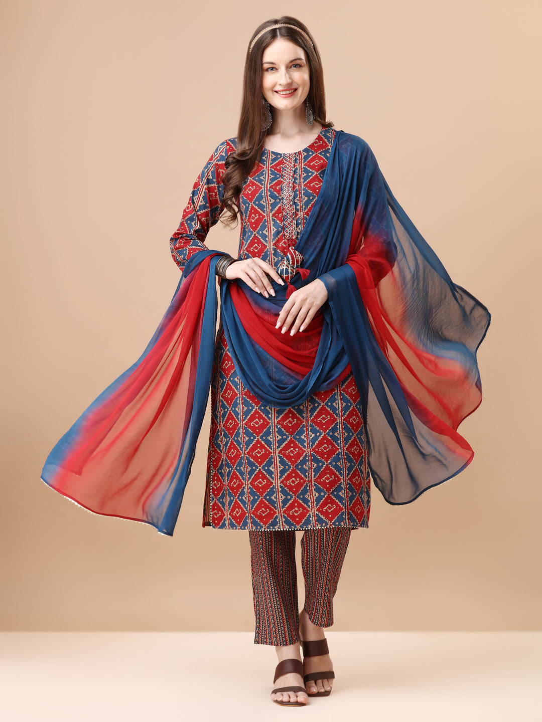 Printed & Little Mirror Embellished Kurta With Pant & Dupatta, Multicolor - Hiral Fashion | Grocsy