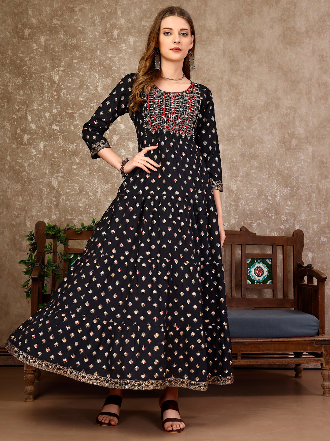 Embroidered & Printed Flared Rayon Kurta Premium Luxury, Multicolor - Hiral Fashion | Grocsy
