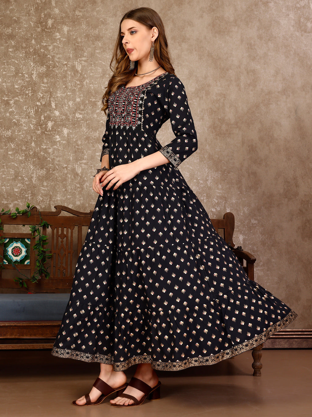 Embroidered & Printed Flared Rayon Kurta Premium Luxury, Multicolor - Hiral Fashion | Grocsy