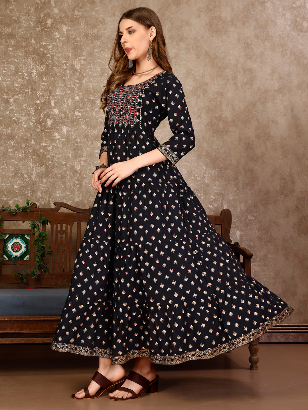 Embroidered & Printed Flared Rayon Kurta Premium Luxury, Multicolor - Hiral Fashion | Grocsy
