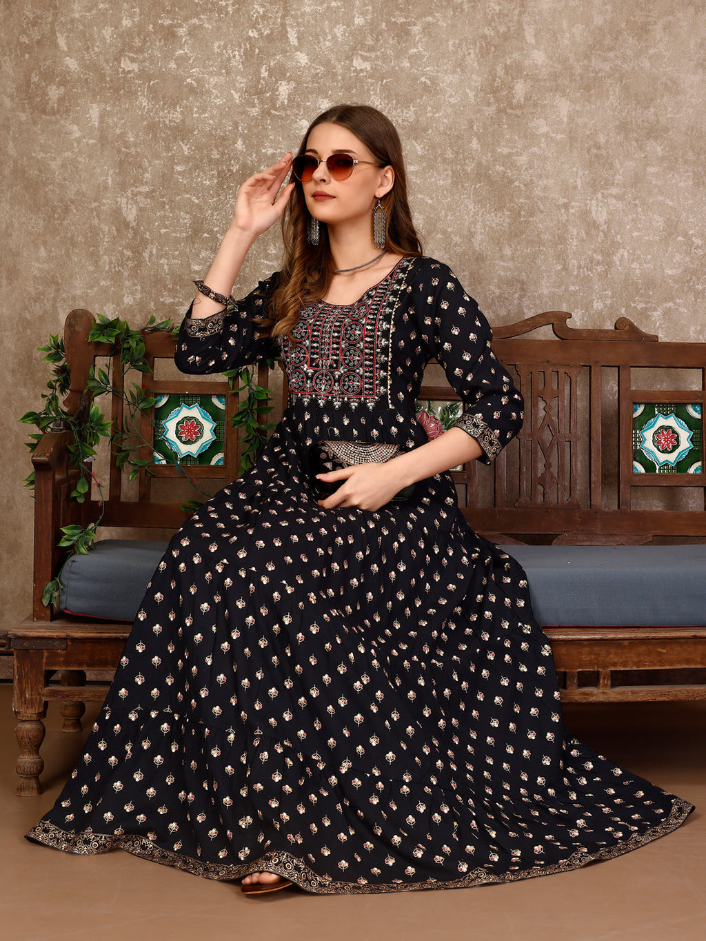Embroidered & Printed Flared Rayon Kurta Premium Luxury, Multicolor - Hiral Fashion | Grocsy