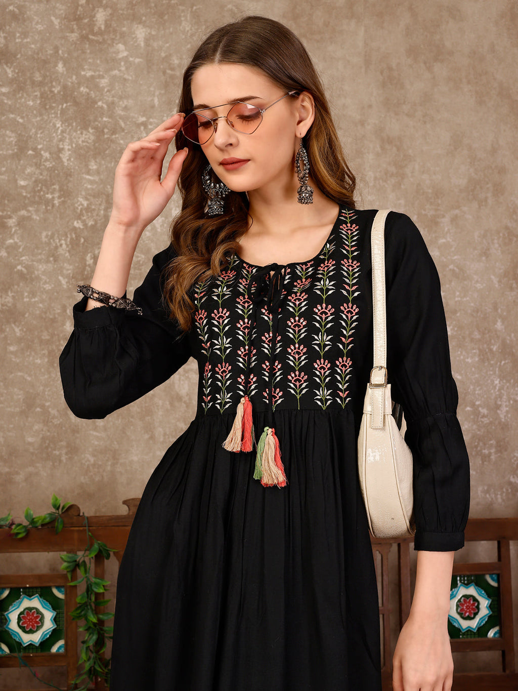 Embroidered Flared Rayon Kurta, Multicolor - Hiral Fashion | Grocsy