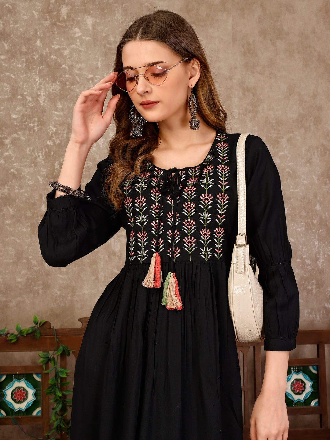 Embroidered Flared Rayon Kurta, Multicolor - Hiral Fashion | Grocsy