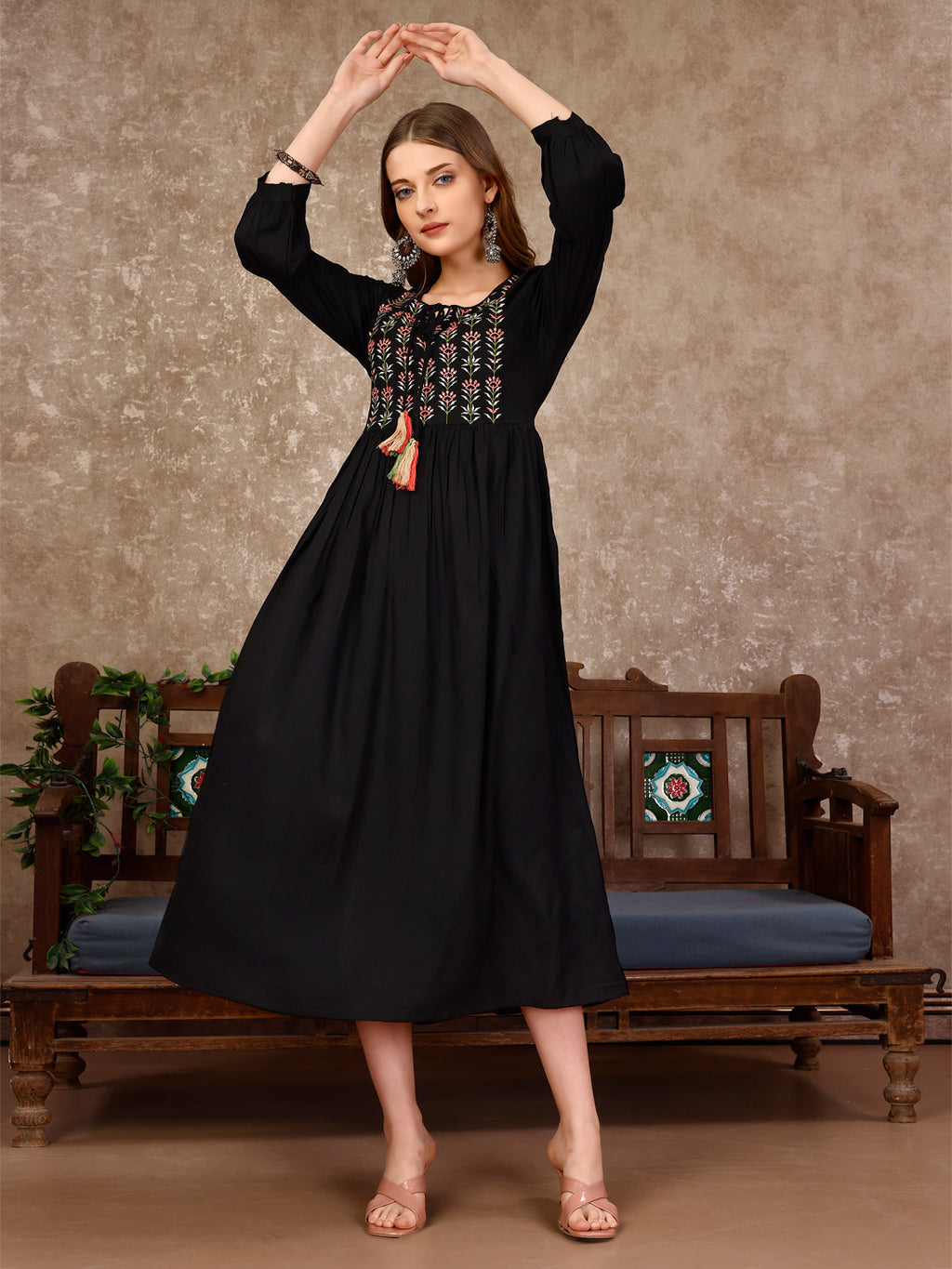Embroidered Flared Rayon Kurta, Multicolor - Hiral Fashion | Grocsy
