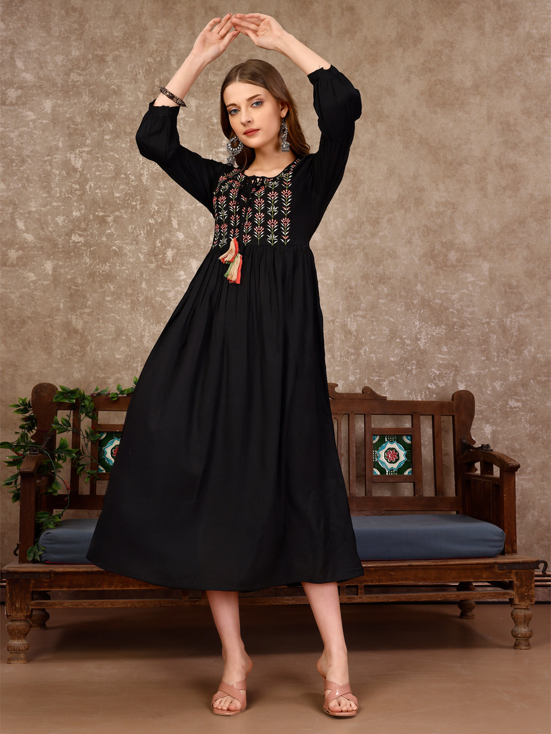 Embroidered Flared Rayon Kurta, Multicolor - Hiral Fashion | Grocsy