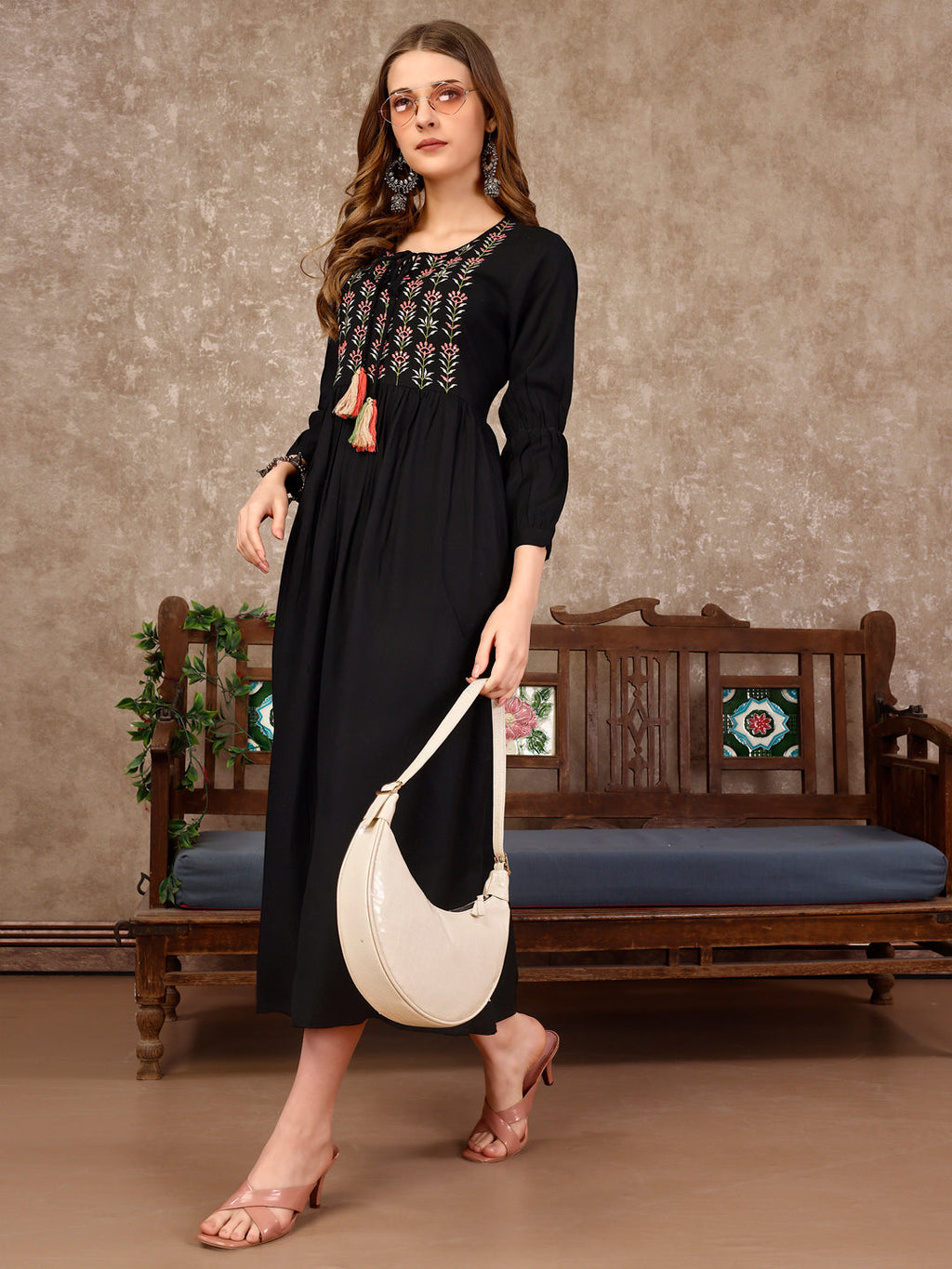 Embroidered Flared Rayon Kurta, Multicolor - Hiral Fashion | Grocsy