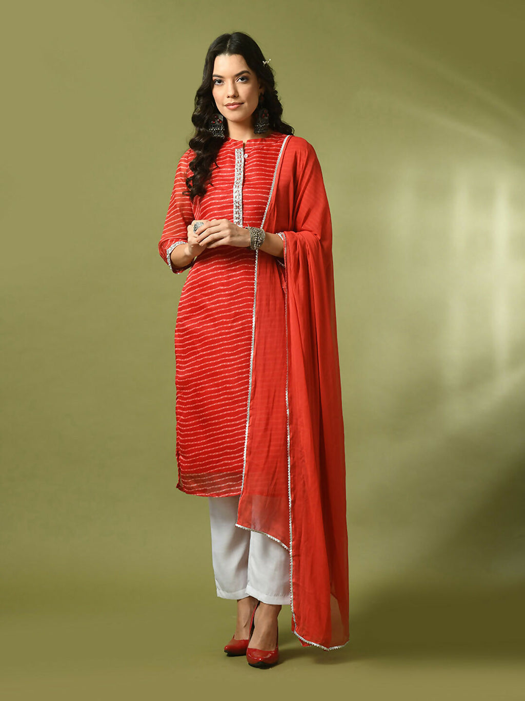Myshka Women's Red Printed Kota Straight Party Kurta Set With Dupatta | Grocsy